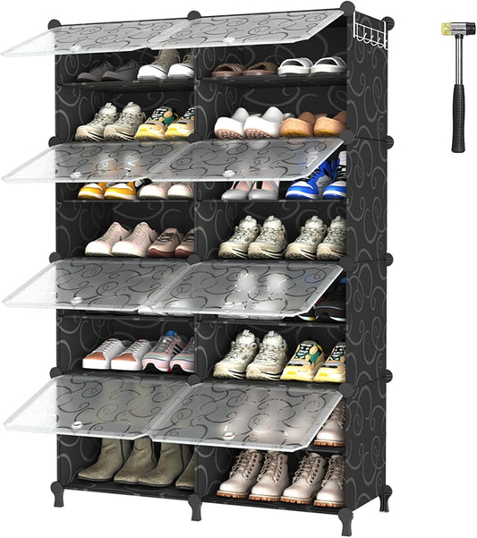 Shoe Rack, 8 Tier Shoe Storage Cabinet with Door, 32 Pair Shoe Organizer Shelves for Closet Hallway Bedroom Entryway, Black