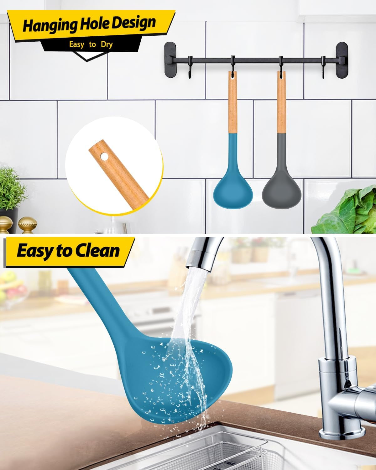 Pack of 2 Soup Ladle, Silicone Ladle Spoon with Wooden Handle, Large Non Stick High Heat Resistant Kitchen Utensils for Cooking, Stirring, Serving Soups(Gray-Blue)