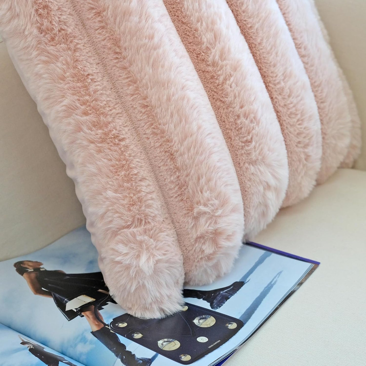 Pack of 2 Faux Fur Plush Decorative Throw Pillow Covers Couch Cushion Case Soft Fluffy Pillowcases Wide Stripe (Pink, 18 X 18 Inch)
