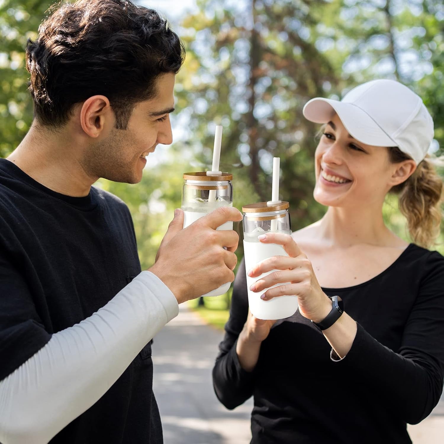 20 OZ Glass Cups with Bamboo Lids and Straws - Drinking Glasses with Silicone Protective Sleeve Set, Iced Coffee Glasses, Cute Tumbler Cup for Water, Smoothie, Boba Tea, Gift - 2 Pack