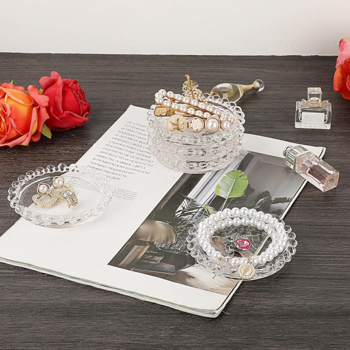 Modern Clear Glass Coaster Set - 5-Piece Round Coasters with Beaded Edge for Drinks, Ideal for Coffee Table Decor in Office, Kitchen, Bar, Dining Room, Living Room, and Patio (Clear)