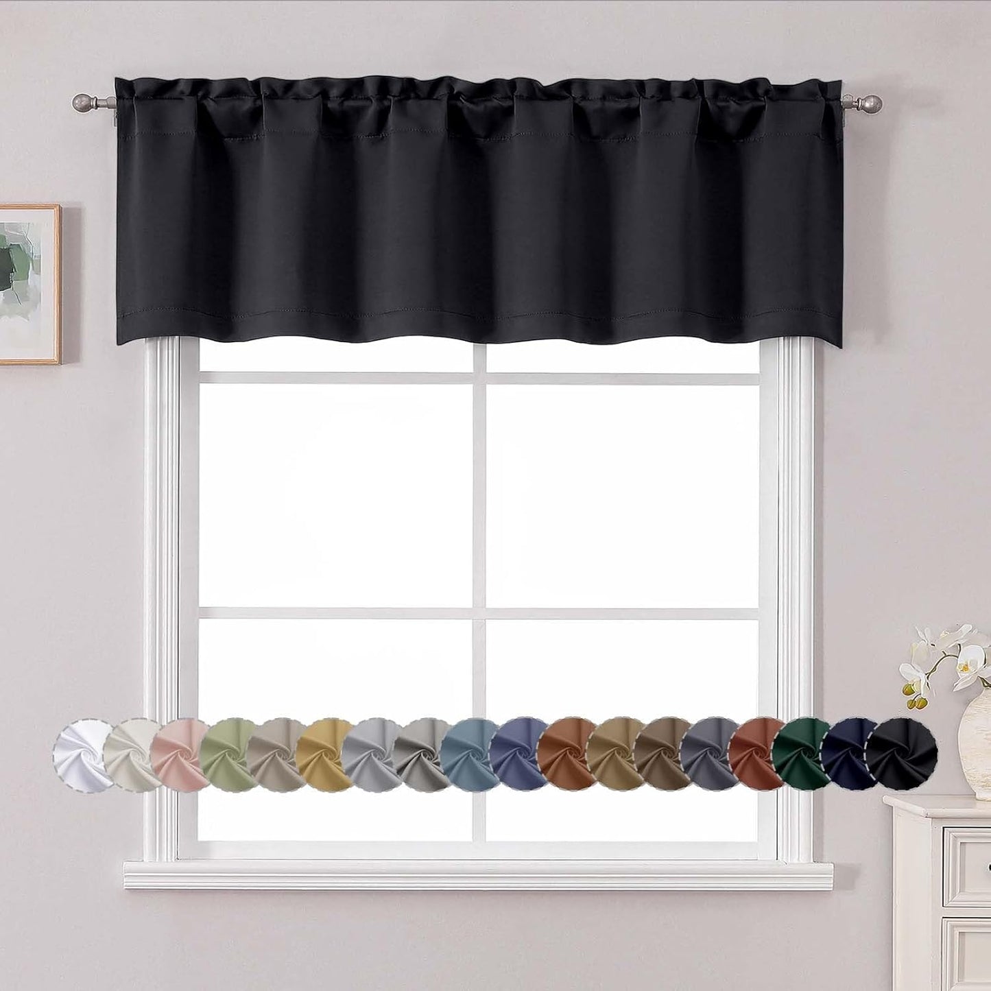 Black Valance for Window, Blackout Small Kitchen Curtain for Bedroom/Living Room, Rod Pocket Privacy Short Window Treatment Valance RV Bunk Panels, 60" Wx14 L