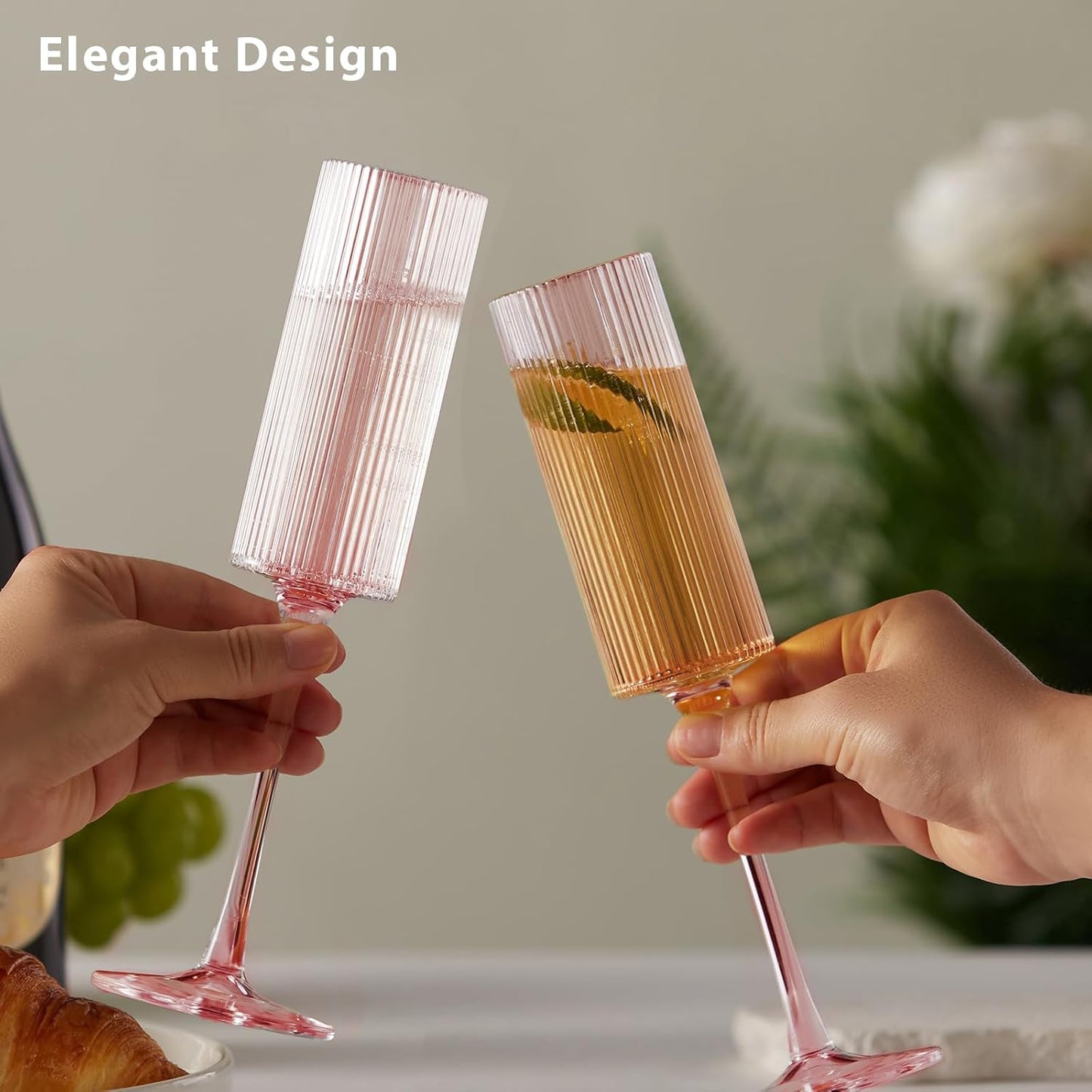 16 Pack Plastic Champagne Flutes, 5.5 Oz Unbreakable Goblet Glasses Reusable Champagne Toasting Cups - Modern & Elegant for Wedding Party Anniversary Christmas Birthday (5.5Oz-Ribbed-Pink-16Pack)