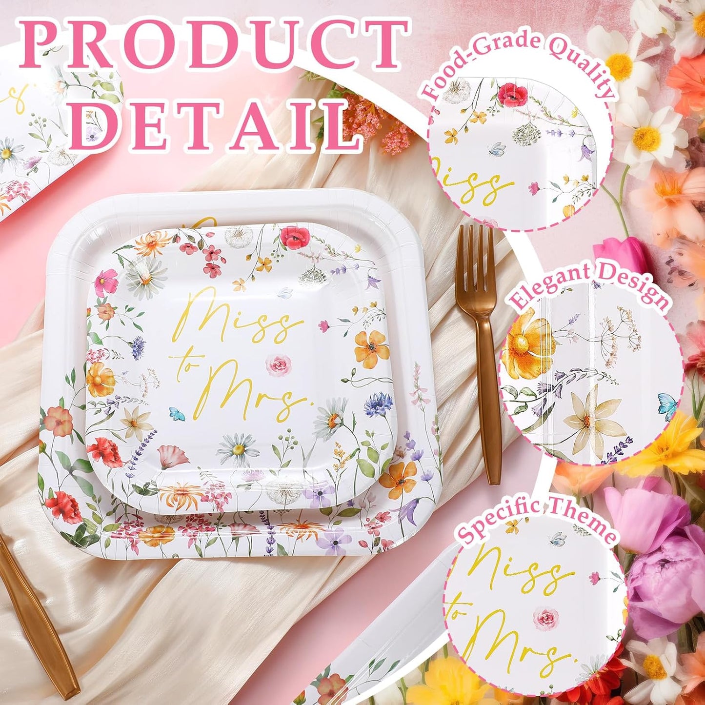 100-Count Floral Disposable Paper Plate Set - 9-Inch Dinner Plates and 7-Inch Square Dessert Plates for Weddings, Birthdays, and Baby Showers (Pink and Gold, Miss to Mrs Theme)