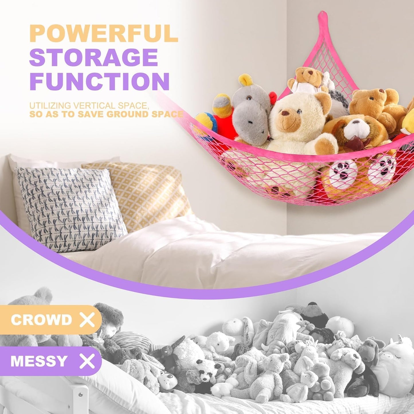 Stuffed Animal Net Hammock for Plushie Toys, Stuffed Animal Hammock Corner for Kids' Room Decor, Ideas for Organizing Stuffy Collection, 2 Pack, Pink