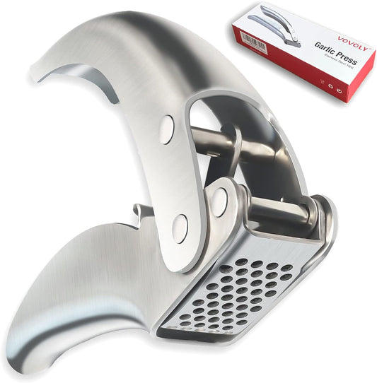 Premium Garlic Press Stainless Steel, No Need to Peel Garlic Presser, Heavy Duty Professional Grade Double Lever-Assisted Garlic Mincer with High Capacity Chamber- Easier Clean Garlic Crusher