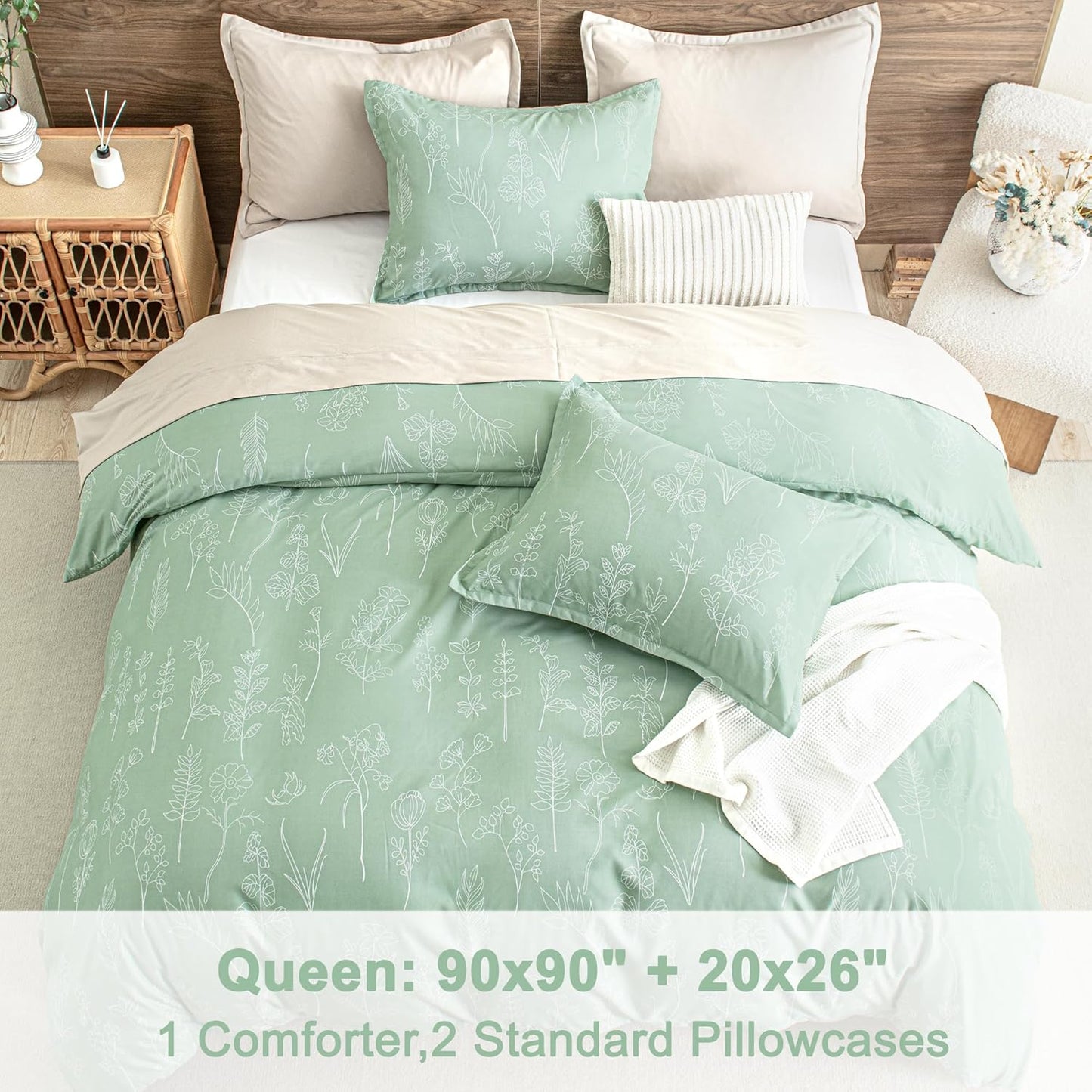 Queen Comforter Set Sage Green, 3 Pieces Floral Lightweight Bedding Comforter Sets, Gift Choice Cute Flowers Botanical Soft Blanket (1 Comforter, 2 Pillowcases)