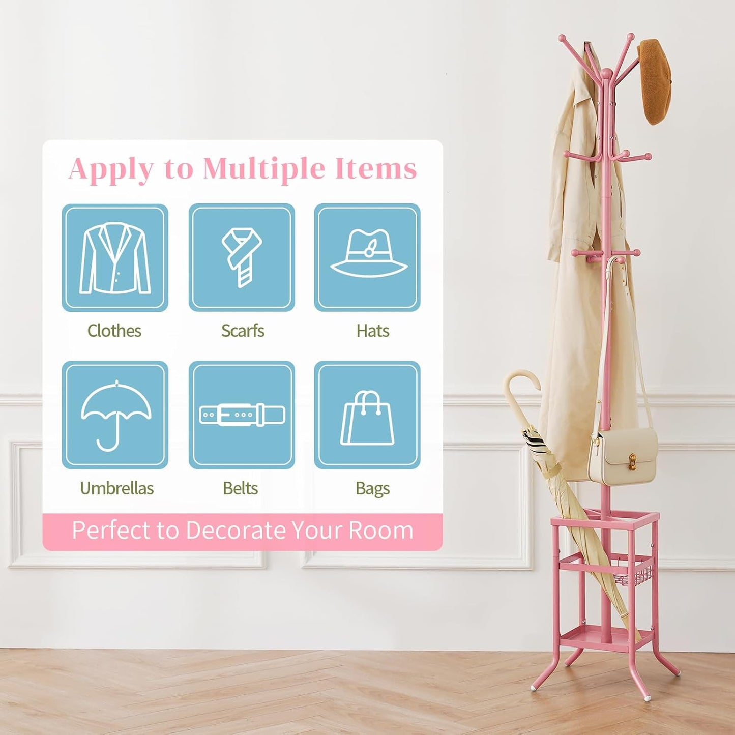 Coat Rack Freestanding, Coat Tree with Umbrella Holder, Metal Coat Rack Stand with 12 Hooks, Modern Coat Hanger Stand for Entryway, Purse Rack Hat Rack Stand for Living Room Bedroom Office