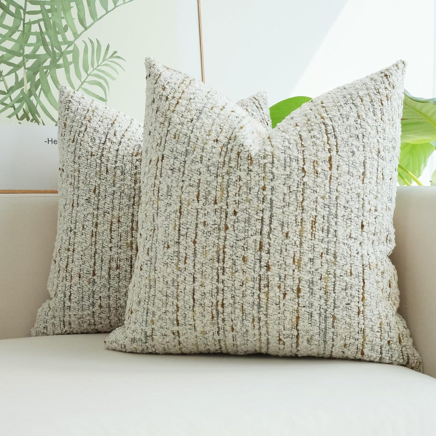 Pack of 2 Textured Bouclel Decorative Throw Pillow Covers Farmhouse Boho Home Decor Striped Corduroy Square Chenille Pillowcases 18 X 18 Inch Beige