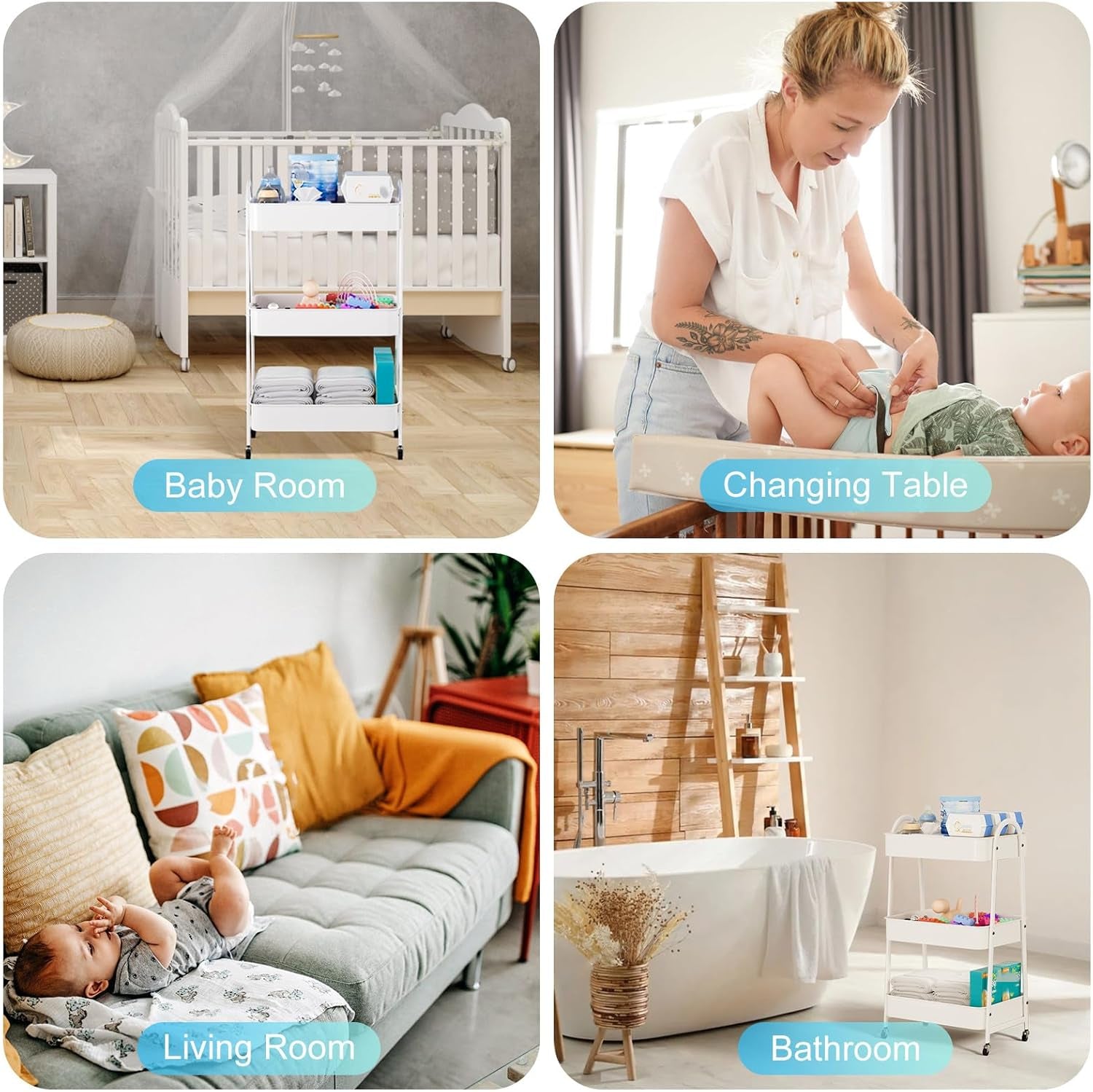 Baby Diaper Caddy Organizer, Metal Utility Diaper Cart, Multifunction Essential Newborn Baby Registry Items, Movable Changing Station/Easy Assembly, White