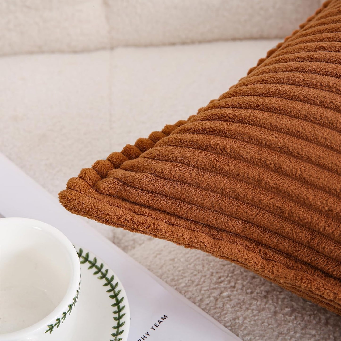 Corduroy Dark Brown Throw Pillow Covers Set of 2 Striped Boho Decorative with Edge Design,Super Soft Throw Pillow Cushion Covers for Couch Sofa Living Room Solid Square 16×16Inch/40Cm×40Cm