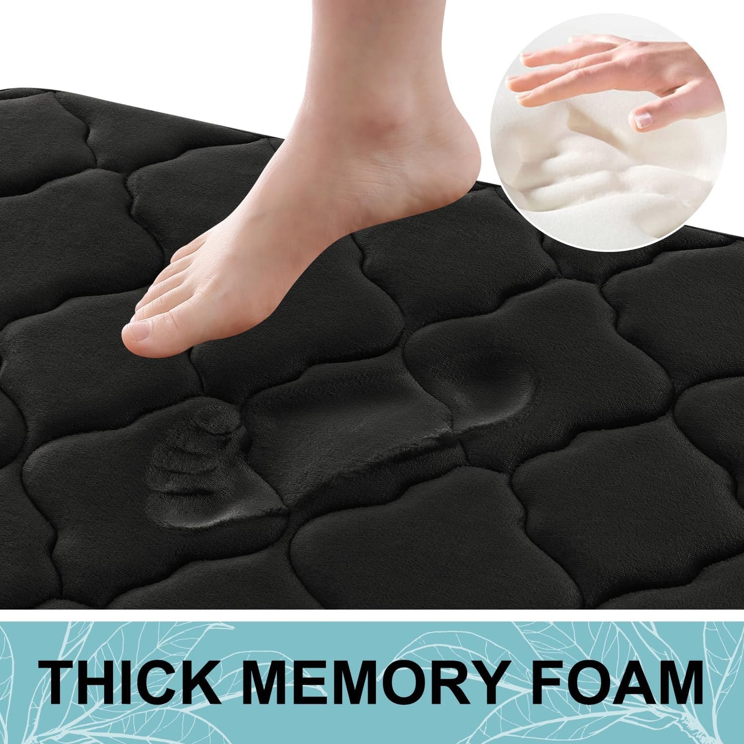 Memory Foam Bath Mat Set of 3 Piece, Bathroom Rugs and Toilet Rug U-Shaped, Ultra Soft and Absorbent, Comfortable, Non-Slip, Machine Washable, Shower and Home Decor Accessories, Black