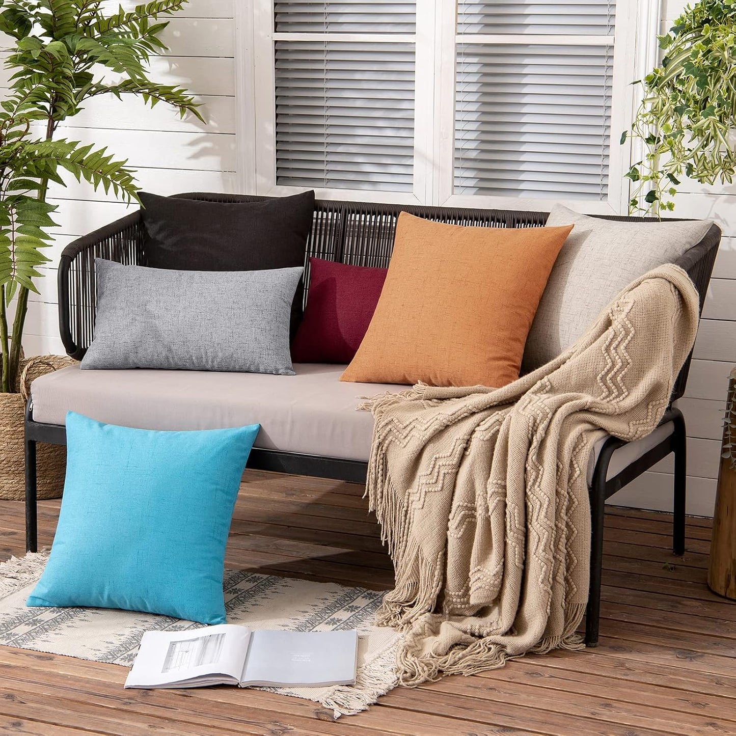 Pack of 2 Outdoor Throw Pillow Covers Waterproof Decorative Soft Pillowcases Linen Farmhouse Square Cushion Shams for Patio Balcony Couch Garden 18X18 Inch,Blue