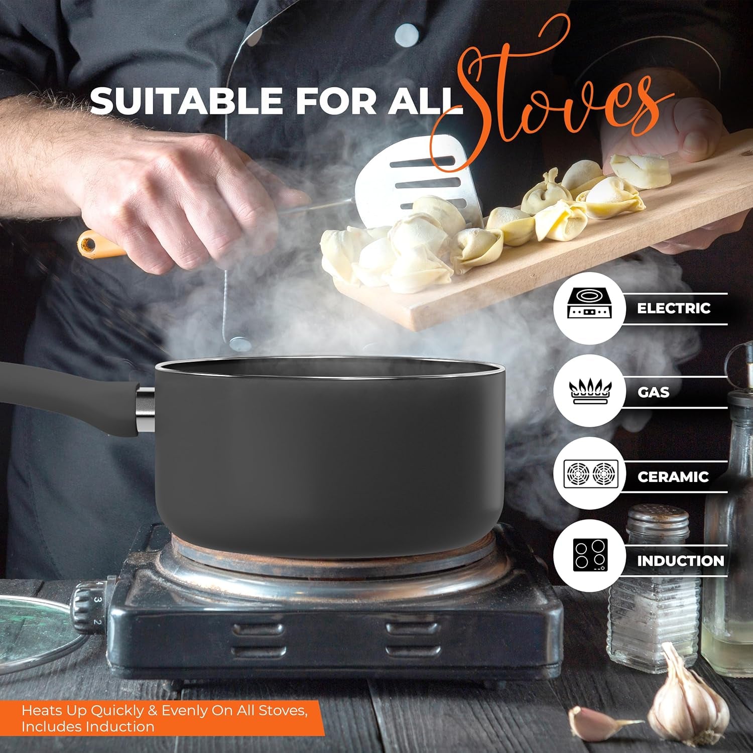 2 Quart Detachable Handle Nonstick Saucepan with Glass Lid, Multipurpose Use for Home, Kitchen or Restaurant, Grey & Black