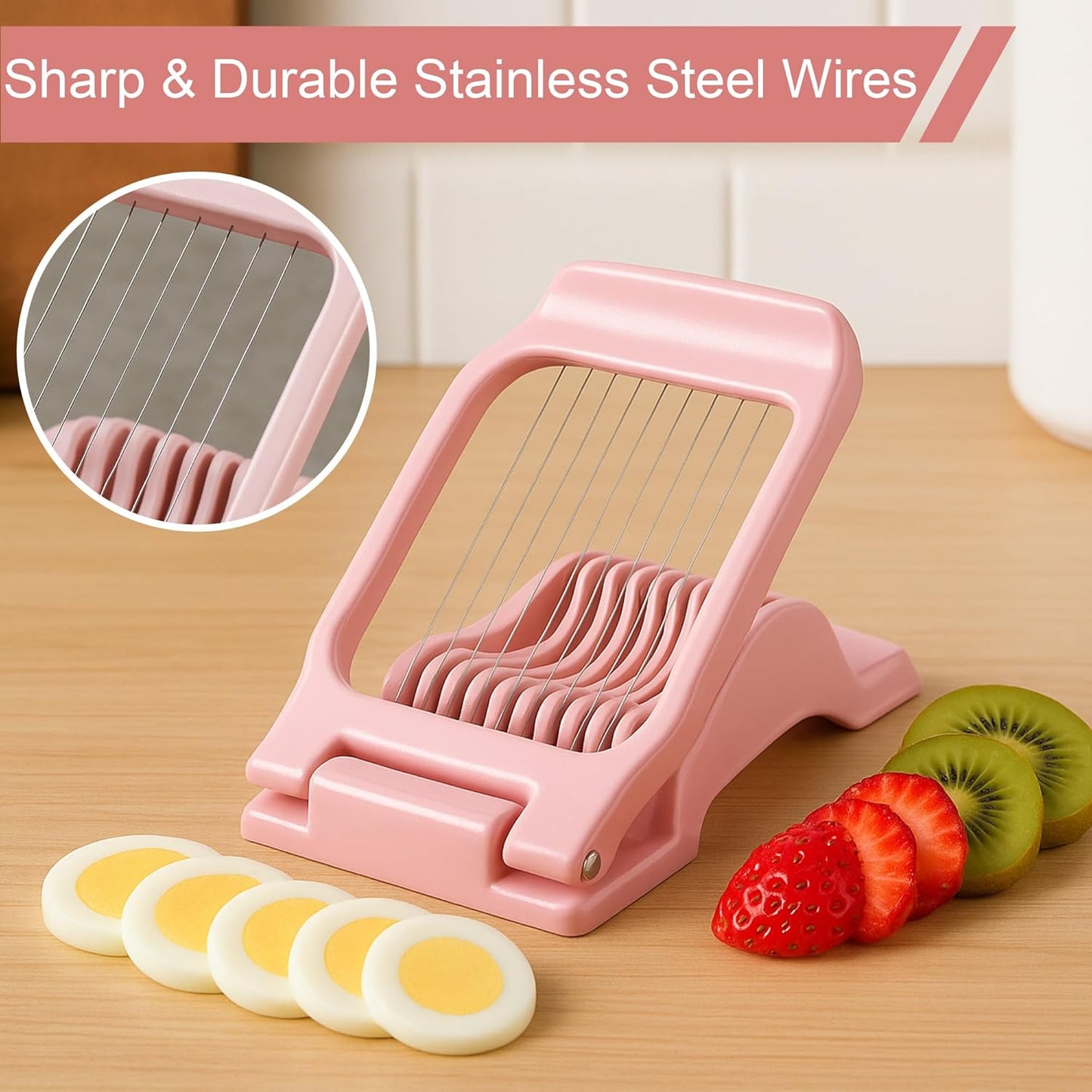 2PCS Pink Egg Slicer for Hard Boiled Eggs,Strawberry Kiwi Heavy Duty Stainless Steel Wire Fruit Cutter,Tomato Mushroom Salad Chopper for Home Use Egg Peeler Tool