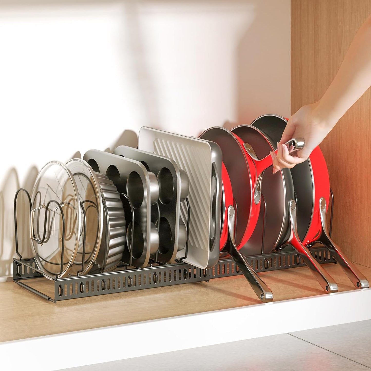 Pots and Pans Organizer under Cabinet with Pan Holder: Expandable 11.8"-22.8" Kitchen Cabinet Organizer Rack, 12 Adjustable Dividers Storage for Cookie Sheets, Cutting Boards & Heavy Cookware