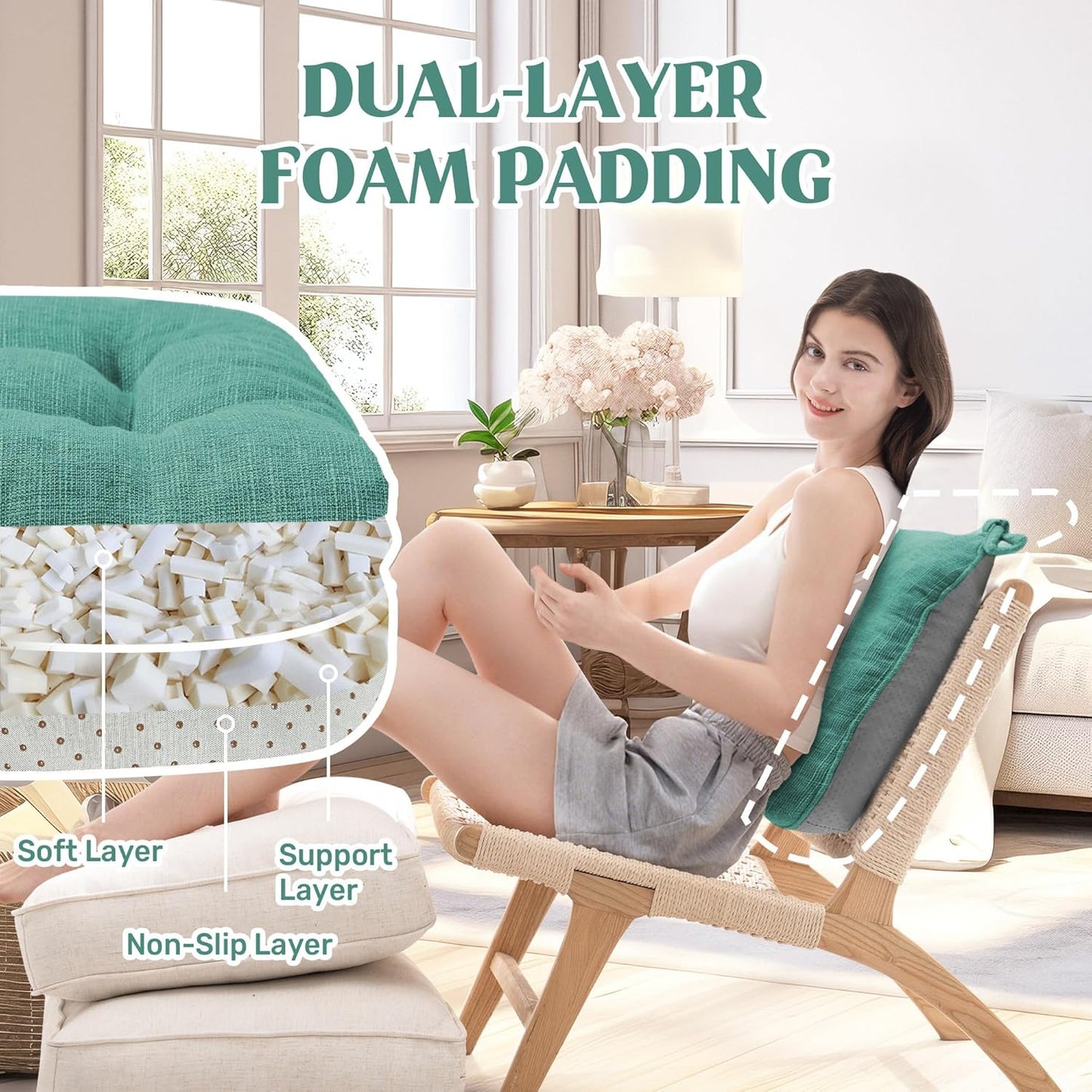 ® Chair Cushions for Dining Chairs, Tufted Memory Foam Chair Pads with Non-Slip Backing, Kitchen Seat Cushions with Ties, Washable Seat Pad Set of 4, 15.5" X 15.5" X 4", Green