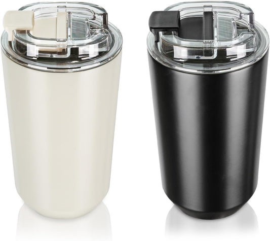 2 Pack Insulated Tumblers with Lid, 14 Oz Travel Coffee Mug Stainless Steel Vacuum Cup, Leak Proof Double Walled Coffee Tumbler for Iced and Hot Drinks, Black and Cream