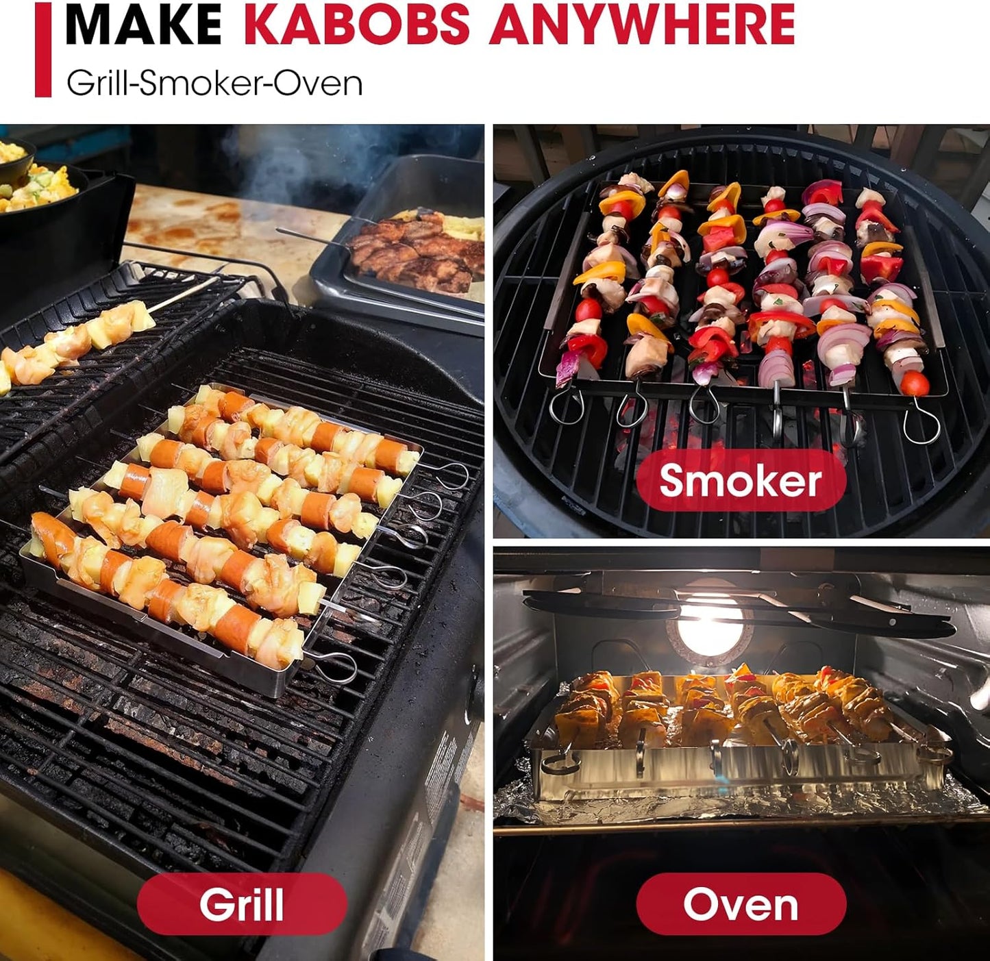 Stainless Steel BBQ Shish Kabob Set, Foldable Shish Kabob Holder with 6Pcs 13"L Skewers, Reusable Grill Rack, Comes with 30Pcs 12.5"L Bamboo Skewers for Party and Cookout