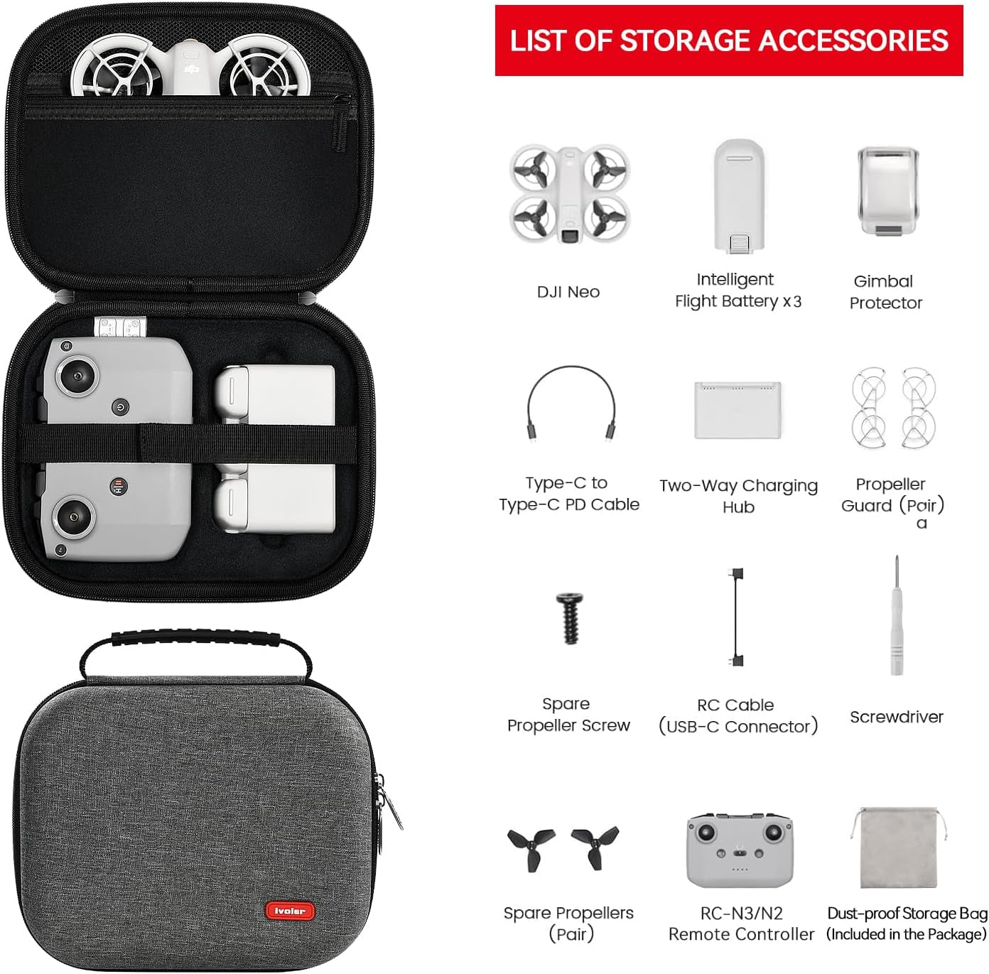 Lightweight & Compact Carrying Case for DJI Neo Drone – Easy-To-Carry Hard Bag for Fly More Combo, RC-N3 Controller,Batteries Accessories