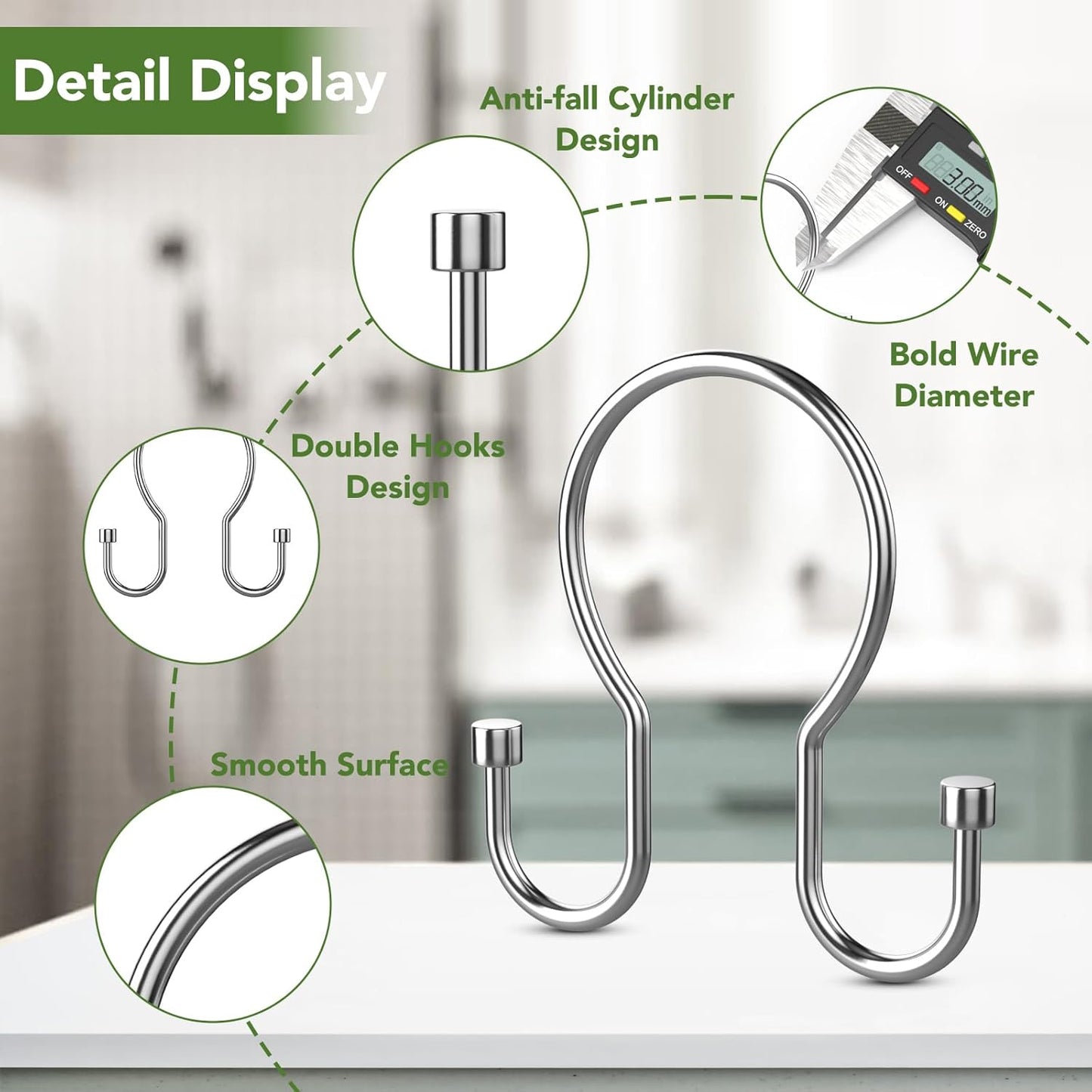 Shower Curtain Hooks, Black Shower Curtain Rings, Sturdy Simple Double Hook Shower Curtain Hooks Rust Proof, Smooth Gliding Metal Shower Hooks for Shower Curtain Rod (Chrome, 12 Pack)