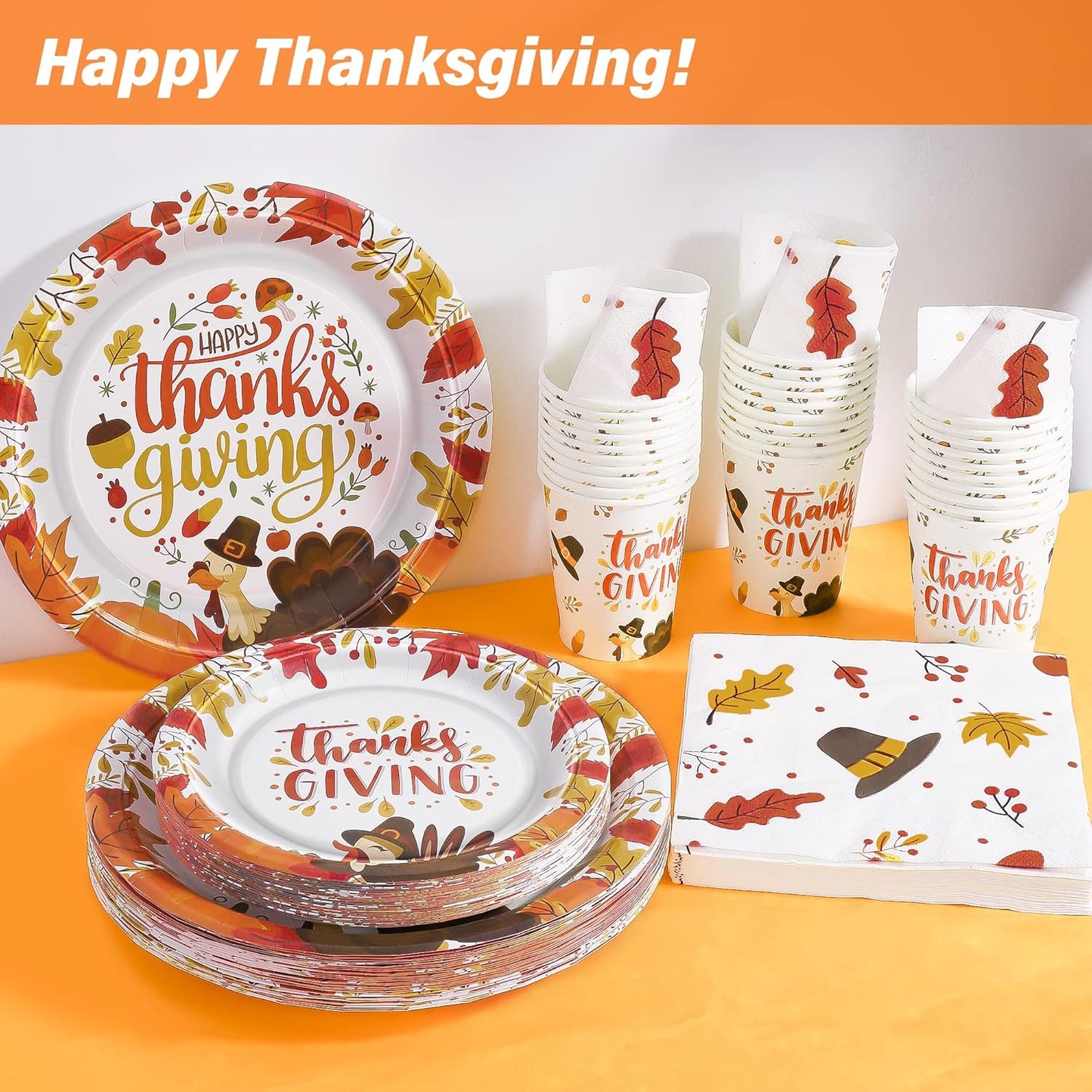 120 PCS Thanksgiving Paper Plates, Disposable Thanksgiving Plates and Cups Set, Heavy Duty Harvest Table Decorations, Fall Dinnerware Set for Holiday Decorations Themed Party Serve 30 Guests