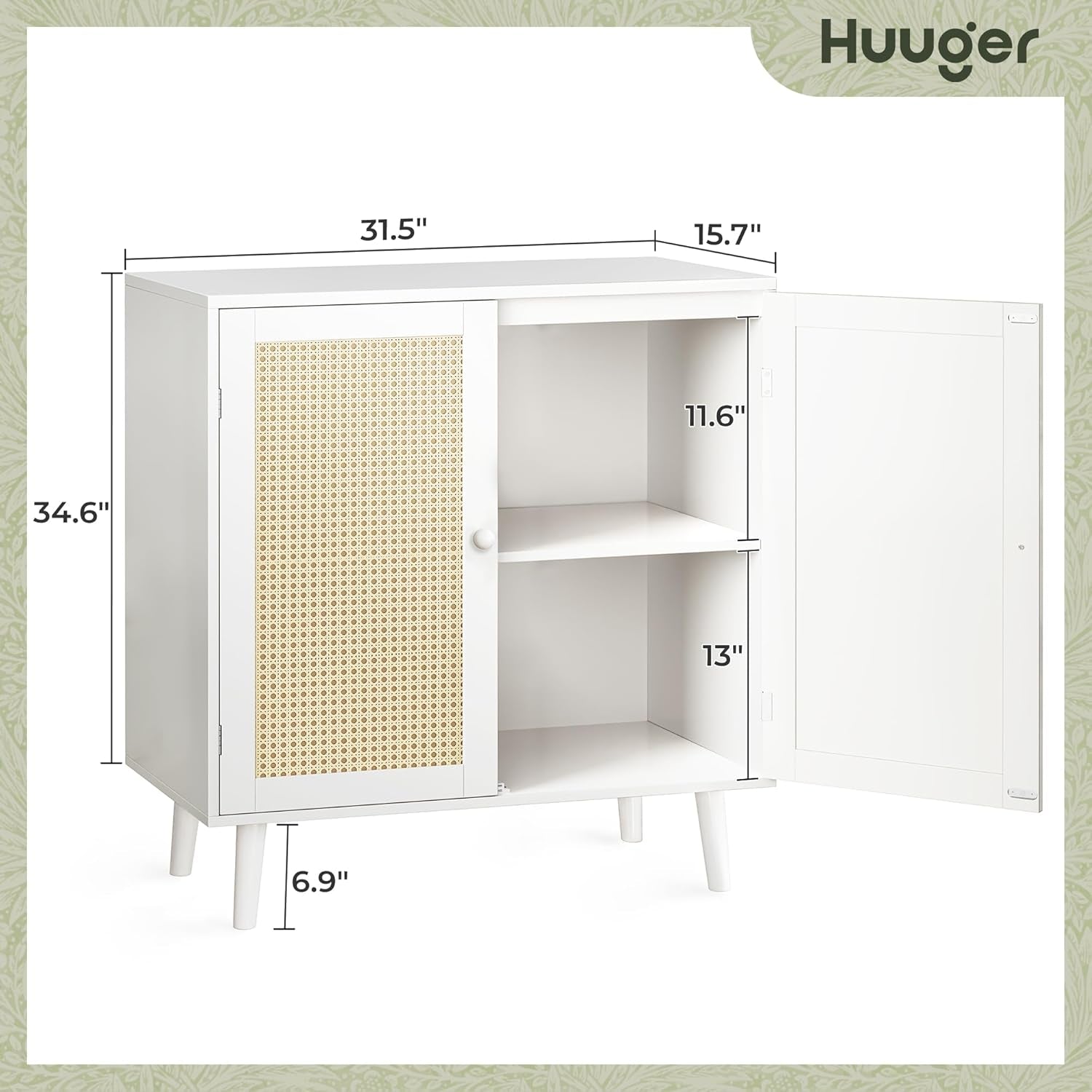 Buffet Cabinet with Storage and PE Rattan Decorative Doors, Featuring Solid Wood Legs for Hallway, Entryway, and Living Room - White Finish