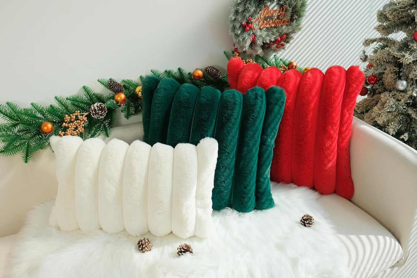 Pack of 2 Faux Fur Plush Decorative Throw Pillow Covers Couch Cushion Case Soft Fluffy Pillowcases Wide Stripe (Dark Green, 18 X 18 Inch)