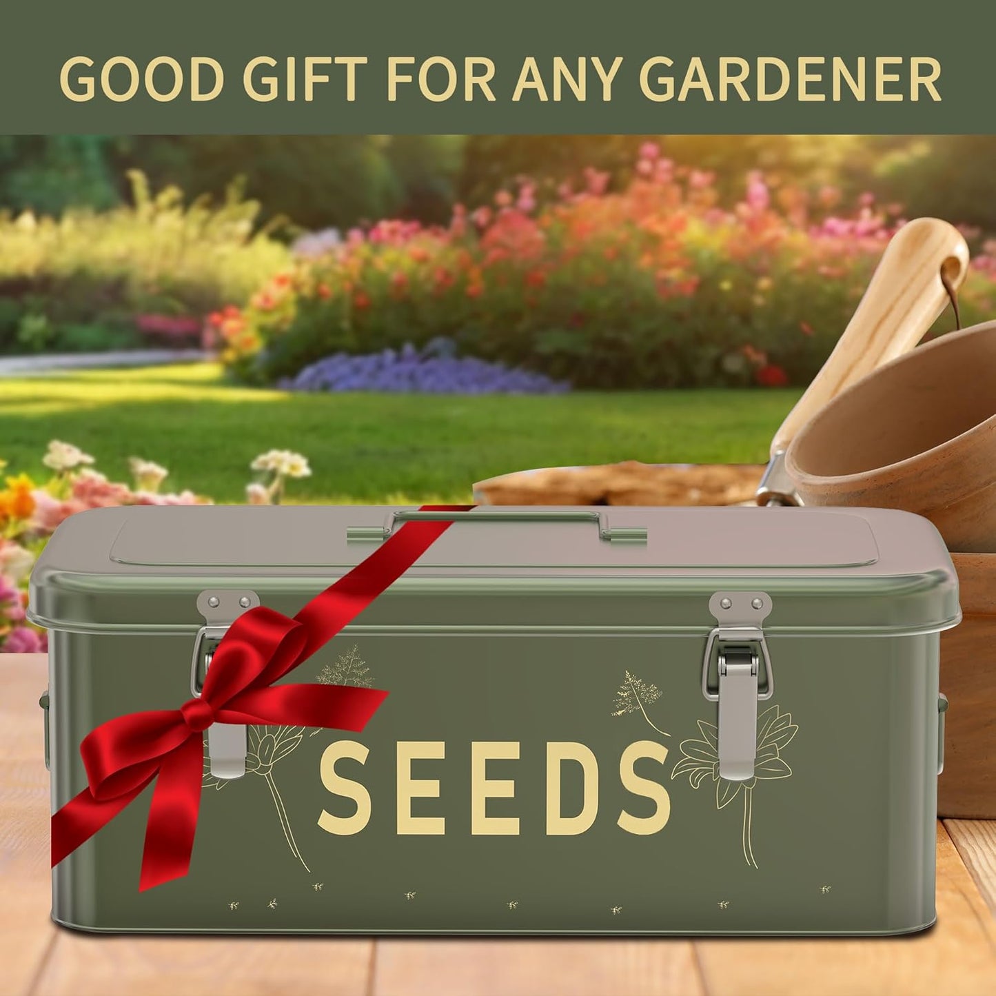 Metal Seed Storage Organizer with Lid, Includes 30 Plant Labels, 30 Seed Envelopes, and Marker Pen, Four-Compartment Design with Safety Locks, Blackish Green