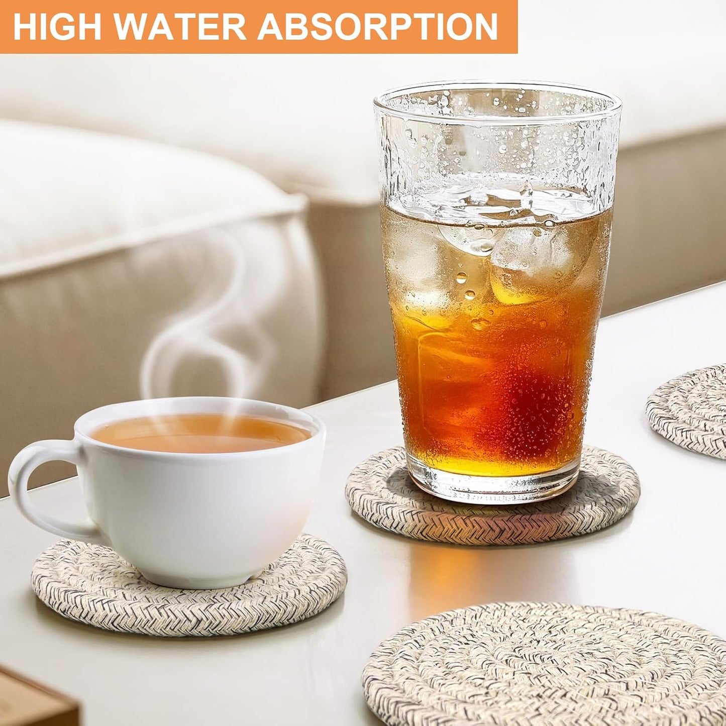 12 Pcs Handmade Woven Coasters for Drinks, Absorbent and Insulating Cotton Coasters with Seagrass Basket Holder Set, Boho Perfect for Coffee Table and Home Decor