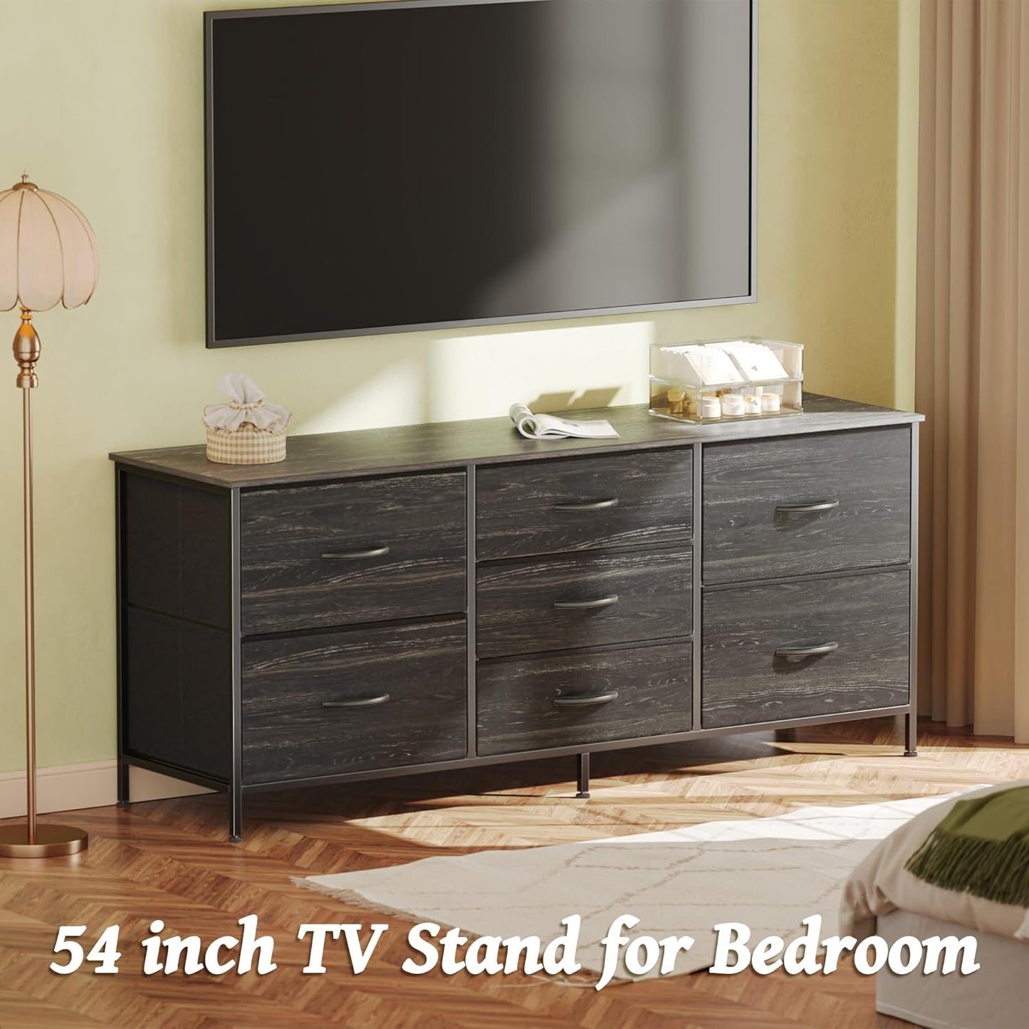 Elegant Charcoal Black Wood Grain Dresser and TV Stand Combo with 7 Drawers, Suitable for 43 to 60 Inch TVs