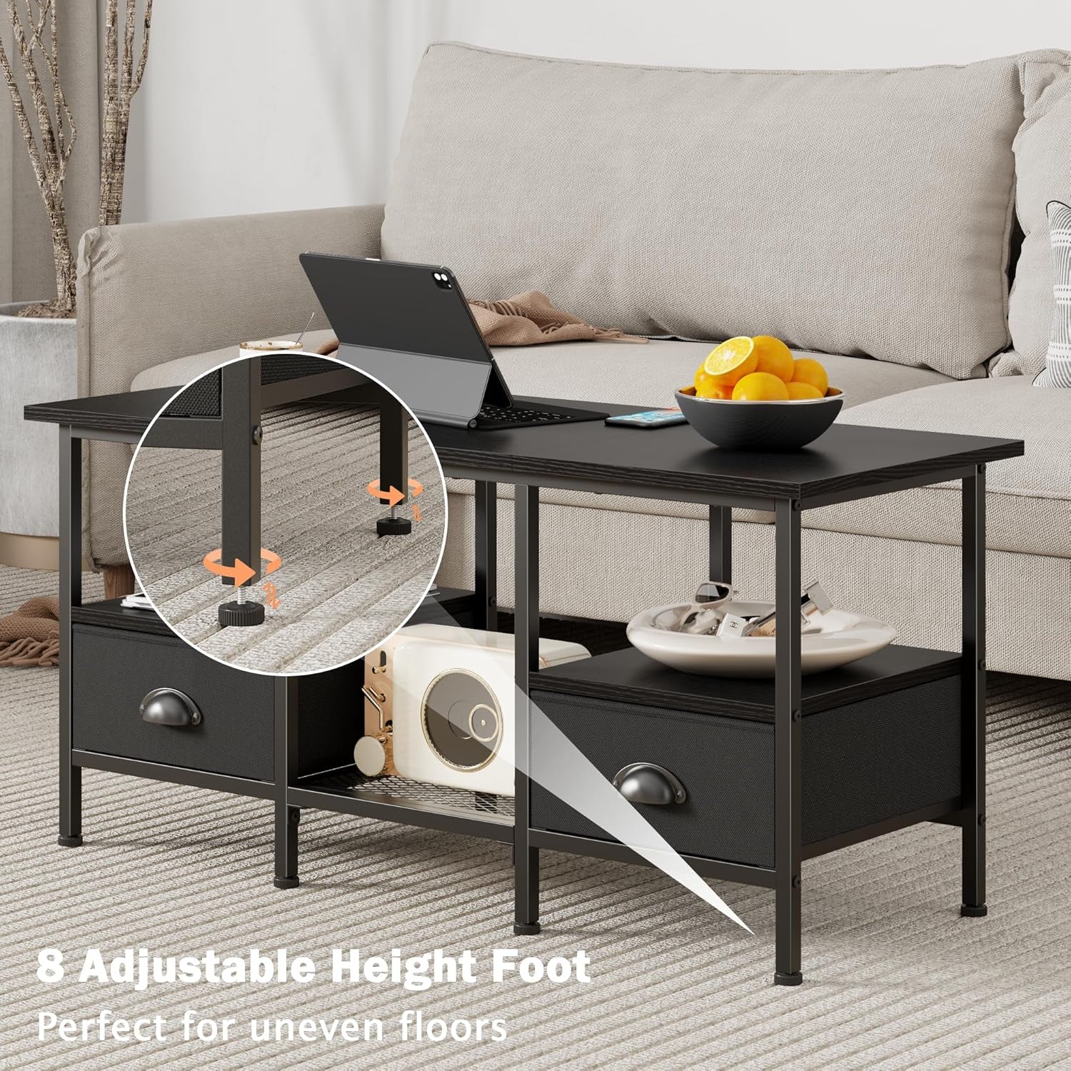 35" Coffee Table with 2 Storage Drawers, Small Coffee Tables for Living Room, Modern Center Table with 2 Tier Shelf, Black