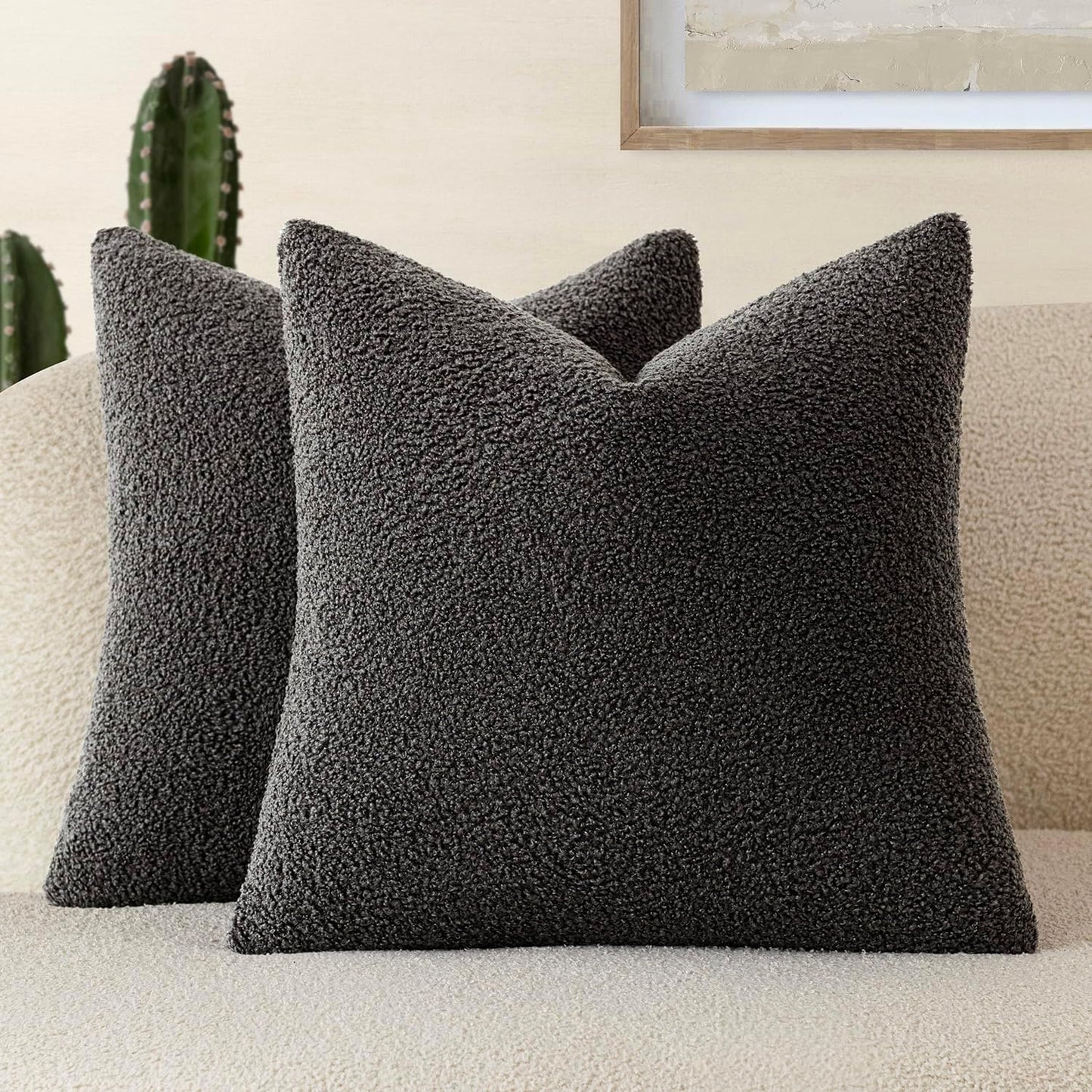 Pack of 2, Curly Faux Fur Decorative Throw Pillow Covers Soft Neutral Plush Cushion Case with Zipper Cozy Pillowcase for Home Living Room Couch Bed Sofa 16 X 16 Inch,Dark Gray