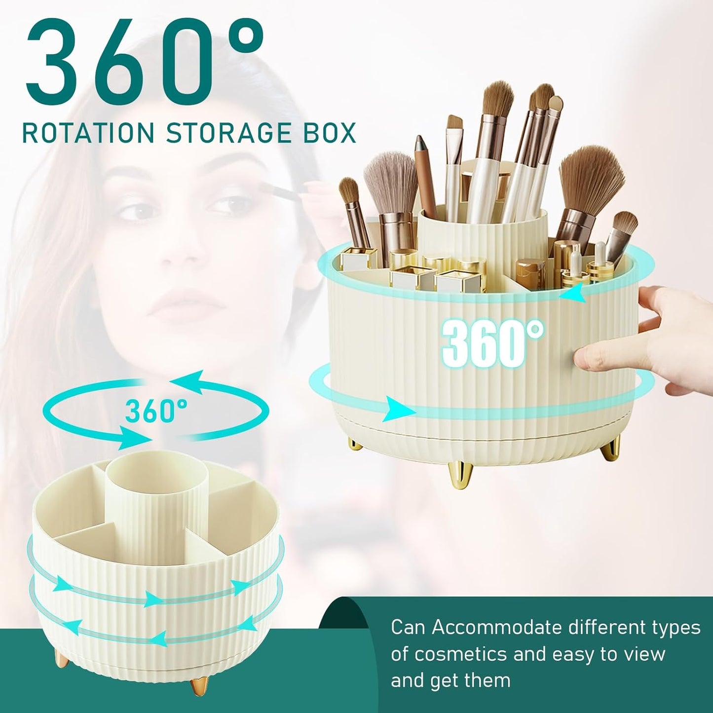 Makeup Brush Holder Organizer,360° Rotating Makeup Brush Organizer,5 Slot Make up Brushes Cup for Cosmetics, Nail Polish, Art Supply, Bathroom Vanity Desktop Organizer - Cream