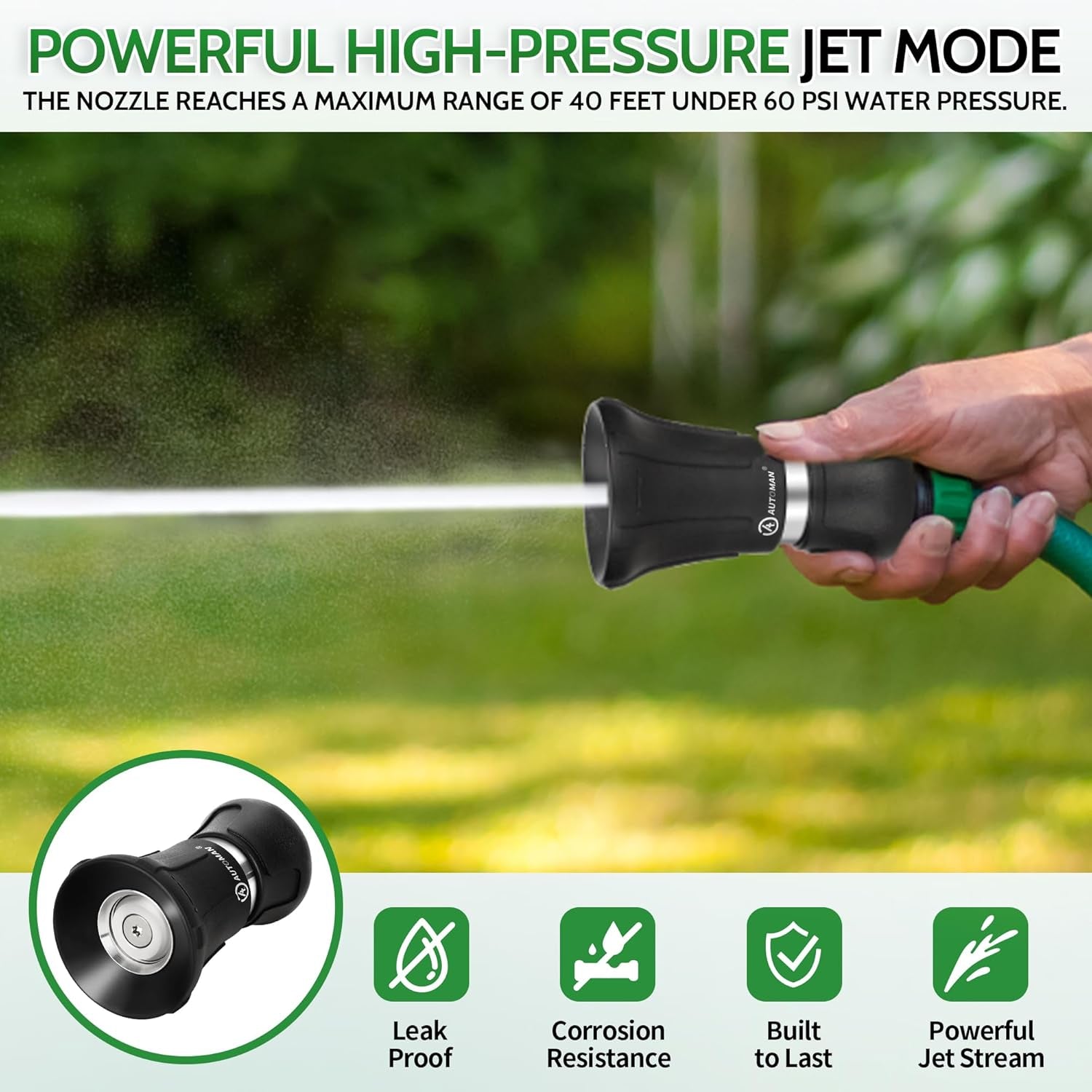 Garden Hose Nozzle Heavy Duty, Fireman Hose Nozzle, High Pressure Water Hose Sprayer Nozzle, Adjustable Spray Nozzles for Washing Car, Cleaning Ground, Watering Plants, Showing Pets