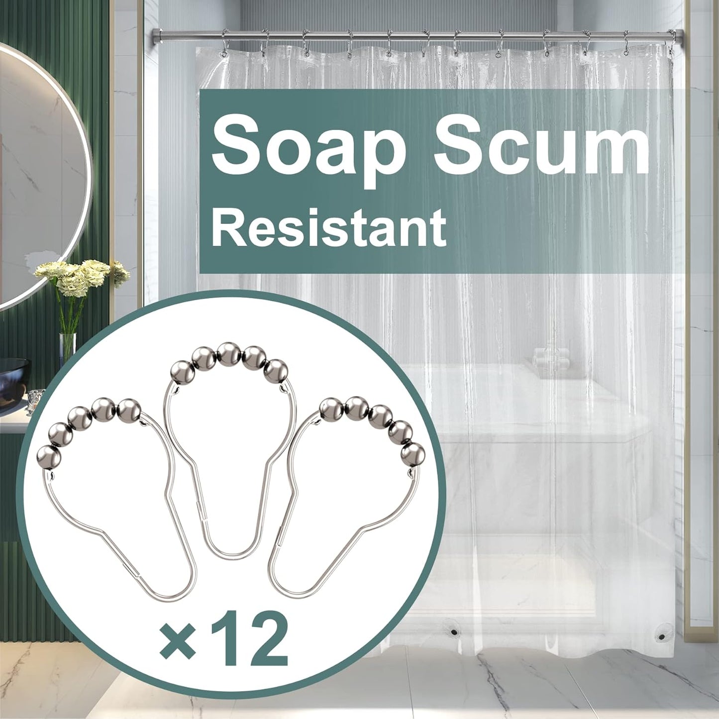 Shower Curtain Liner and Hooks Set- 12PCS Rust Proof Stainless Steel Shower Curtain Hooks Rings with bath 72X72 Clear Plastic Shower Curtain Liner