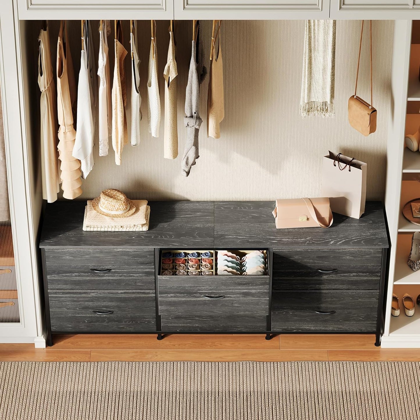 63-Inch Dresser and TV Stand for 55-70 Inch TVs, 6-Drawer Storage Organizer with Fabric Drawers, Charcoal Black Wood Grain Finish for Bedroom and Entryway