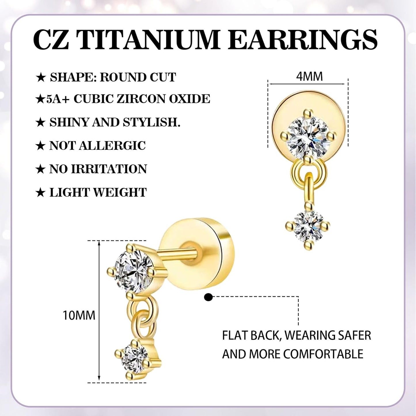 Mother'S Day Flat Back Stud Earrings for Women, 14K Gold Plated Screw Back Earrings, Two Tiny CZ Stud Flat Back Earrings, Hypoallergenic Stud Earrings for Helix Cartilage Piercing Jewelry (Style 1)