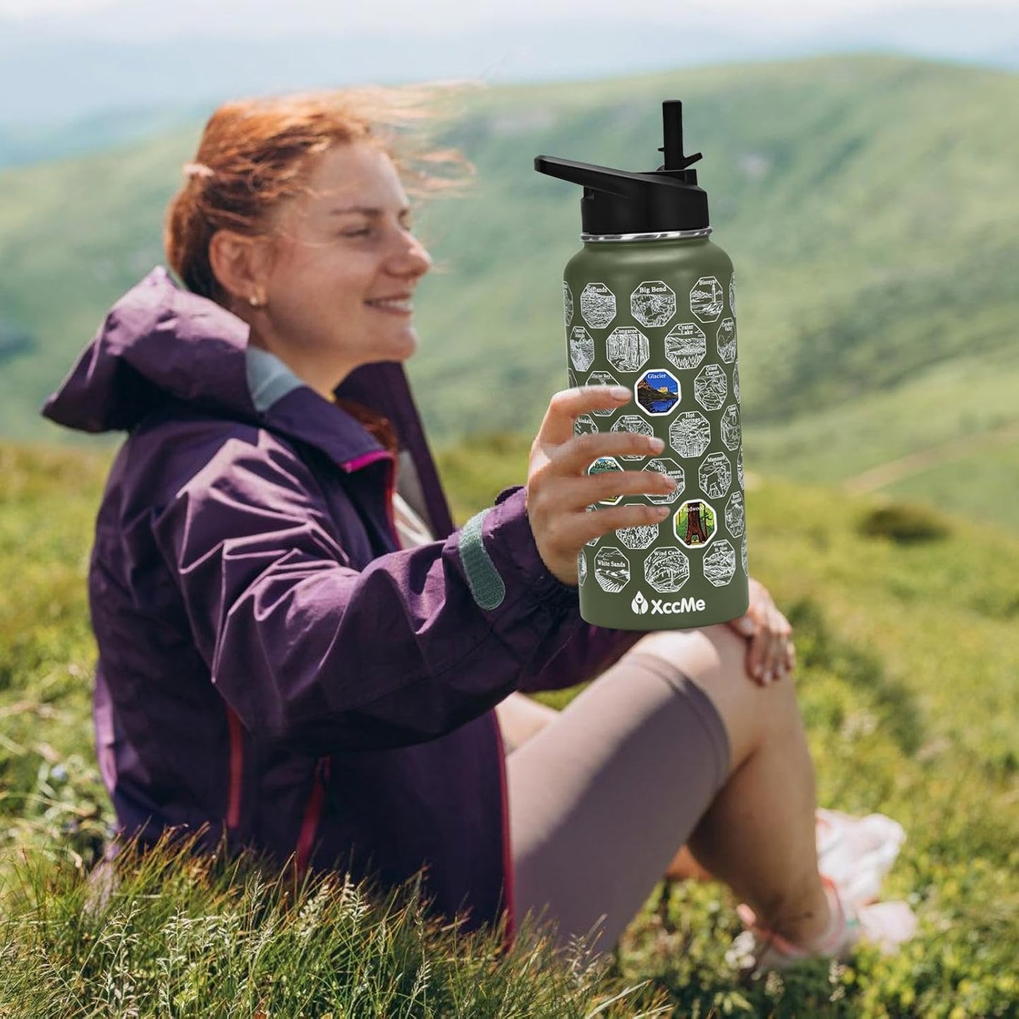 63 National Parks Water Bottle with Stickers,32 Oz Stainless Steel Insulated Water Bottle with Straw,2 Lids,Leak Proof Metal Water Cup for Hiking,Travel,Sports,Camping,Wide Mouth Bottle