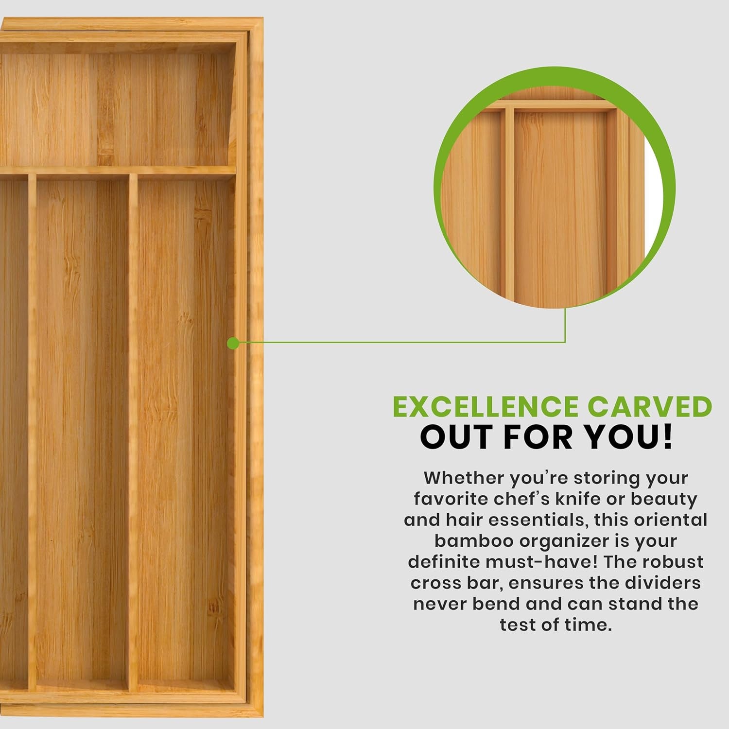 Expandable Bamboo Utensil Drawer Organizer, Silverware Organizer for Cutlery, Flatware Holder (5-7 Slots, Natural) - Pack of 1