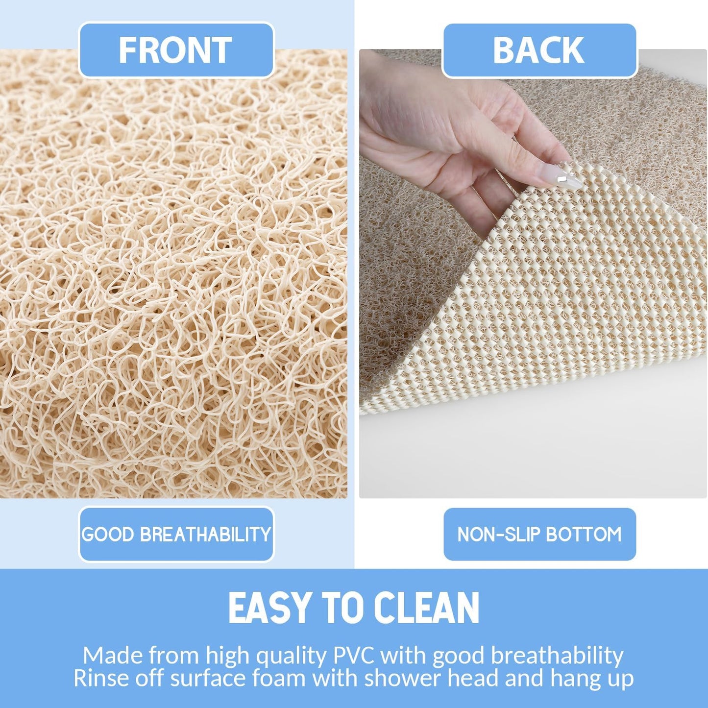 Non Slip Bathtub Mat, Foot Scrubber anti Slip Fast Drying Shower Mat for Tub, Floor,Bathroom, Home, Kitchen, Hotel, Beige, 24X16 Inches