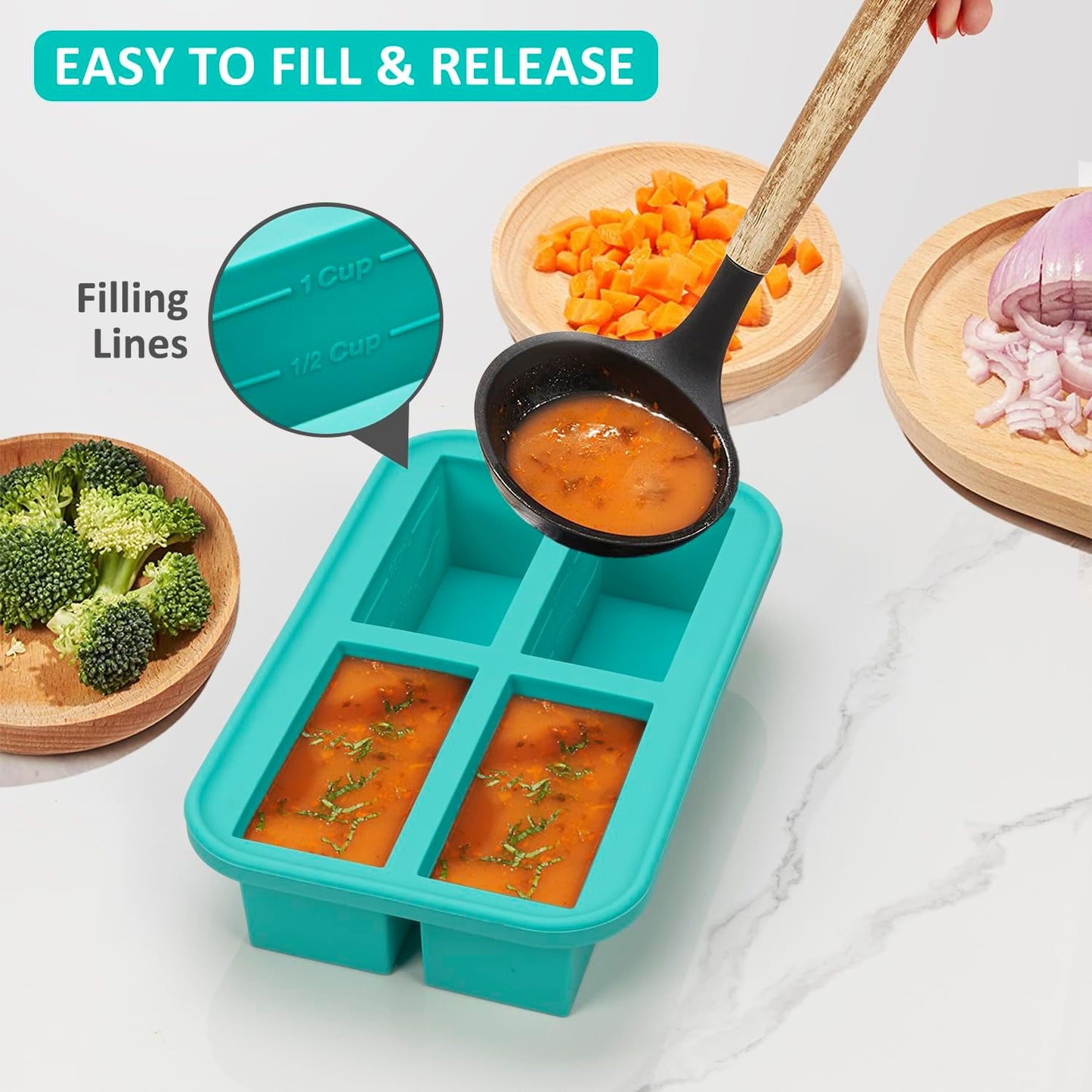 Silicone Freezer Trays with Lid, 3 Pack of 1 Cup 2 Cup 6 Cup, Airtight Large Silicone Ice Cube Tray Mold for Soup Cube Food Storage Meal Prep, Steel Reinforced Rim, Oven Dishwasher Safe, Aqua
