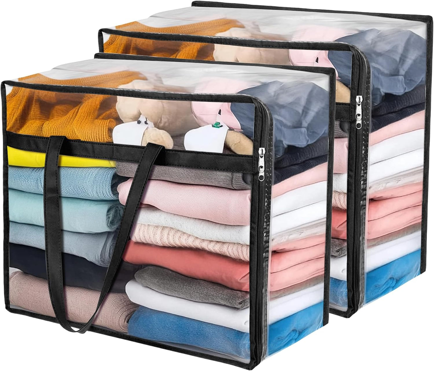 Clear Zippered Storage Bags for Clothes,40L Closet Organizers and Storage Containers Vinyl Moving Bag for Bedding, Linen, Blankets, Comforters, Clothing & Toys, Black, 2 Pack