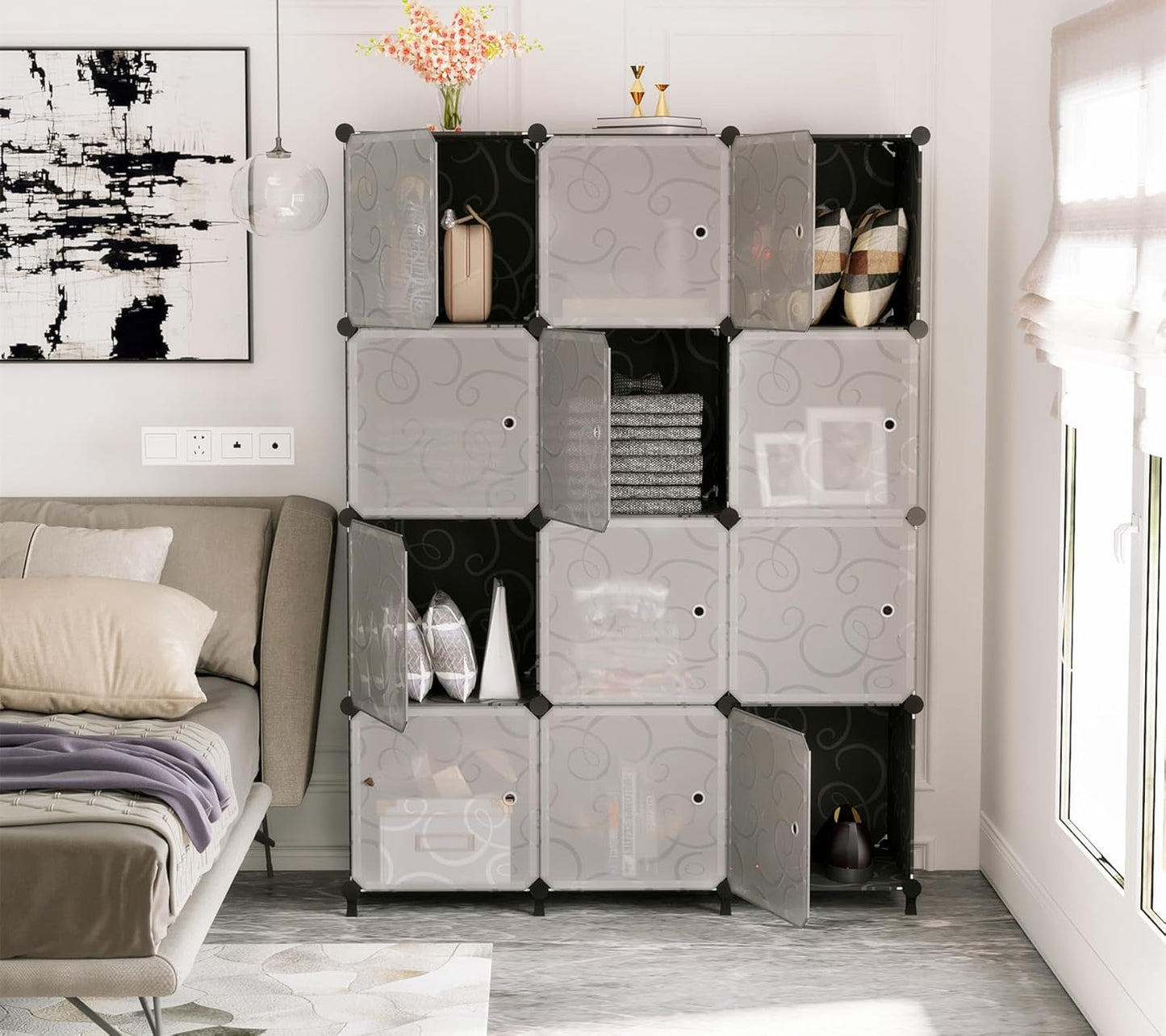 12 Cube Storage Organizer with Doors, DIY Plastic Closet Shelf, Modular Bookshelf, Stackable Shelving Rack for Bedroom, Living Room, Black ULPZ012