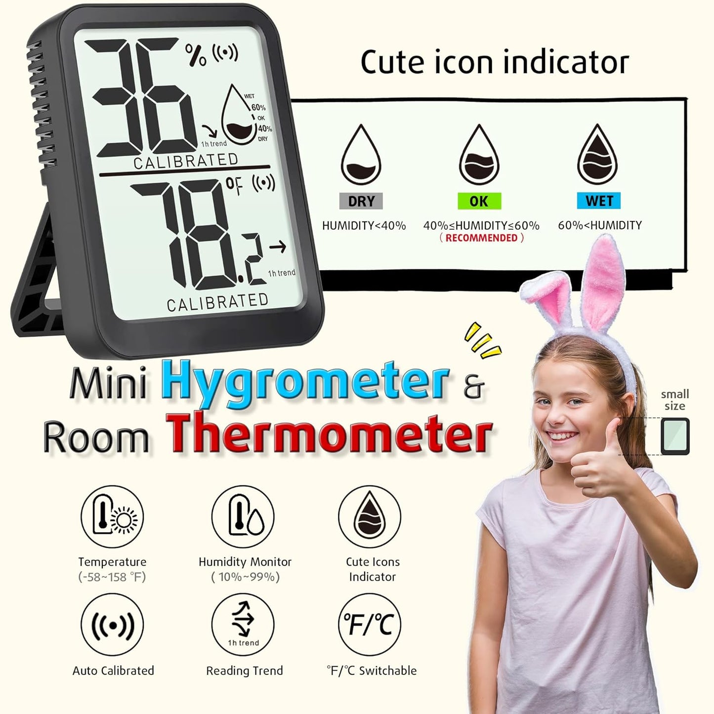 3 Pack Room Thermometer Indoor Hygrometer for Home, Digital Sensor Mini Humidity Gauge Meter, Temperature Humidity Monitor for Bedroom, Pet, Plant - Battery Included
