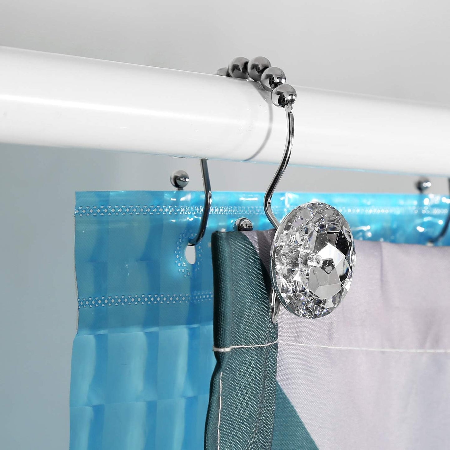 Shower Curtain Hooks, 12 Pcs Crystal Shower Curtain Rings, Stainless Steel Rust Proof Double Shower Hooks for Curtains, Shower Curtain & Liner Decor (Crystal White)