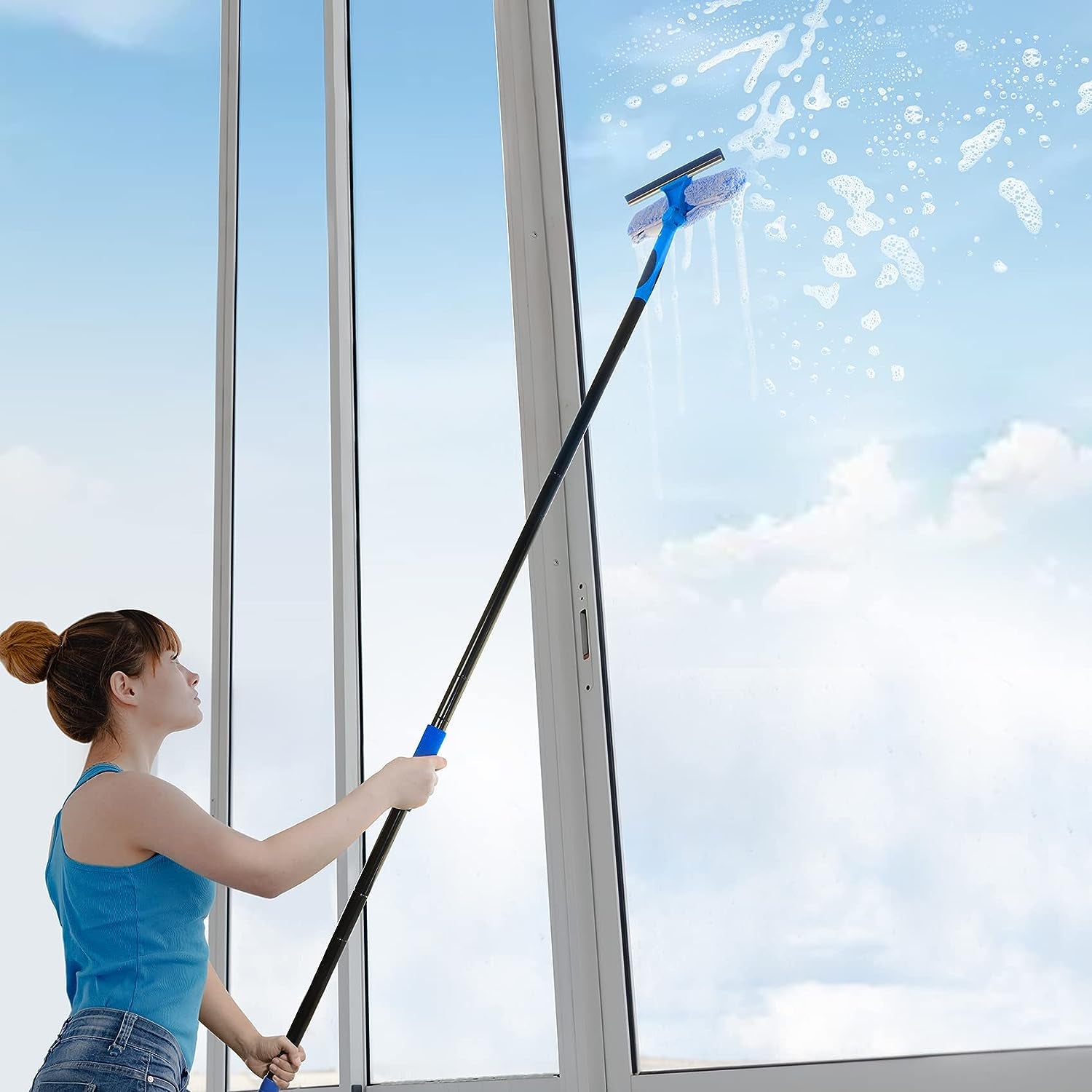 Professional 69'' Window Squeegee Cleaner Tool with Extension Pole, 2-In-1 Squeegee for Window Cleaning Kit with Scrubber and Rotating Head, 1 Blade 2 Scrubber