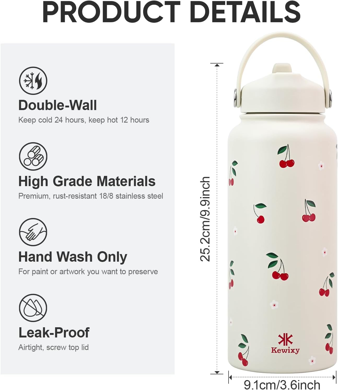 32 Oz Stainless Steel Insulated Water Bottle with Flip Straw and Handle - Leak Proof, Reusable, Wide Mouth Design for Travel, Gym, and School (Cream Cherry)