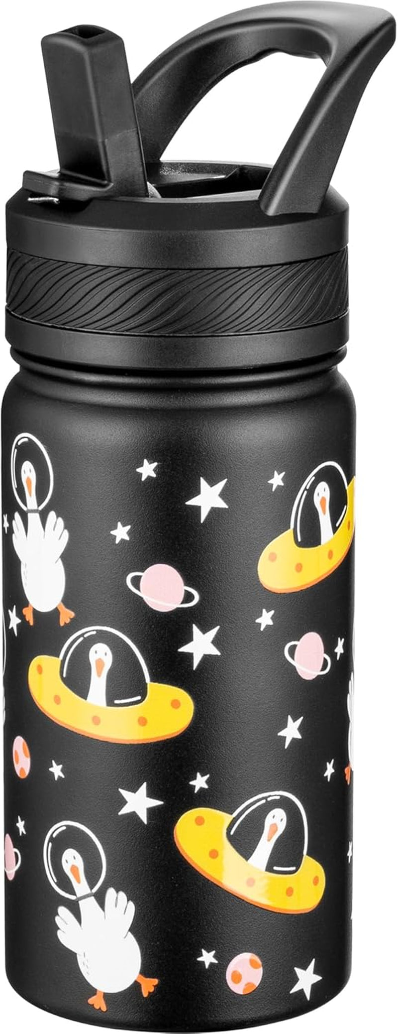 14 Oz Kids Insulated Water Bottle with Straw - Stainless Steel Double Wall Vacuum Cup, Leakproof, BPA Free, Suitable for Boys and Girls(Black - Duck in Space)