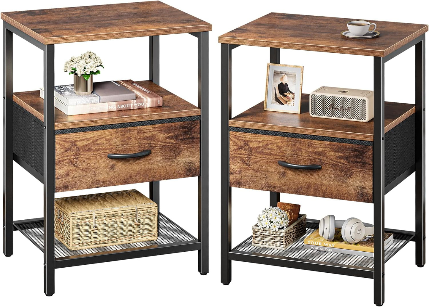 Set of 2 Nightstands with Fabric Drawers and Open Shelves, Rustic Brown Metal Frame Side Tables for Bedroom Storage